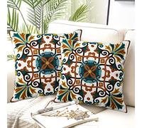 Alysheer Embroidered Decorative Throw Pillow Covers 18"x 18" Set of 2, Boho Floral Embroidery Knit Pattern Cozy Cotton Cushion Cases for Sofa Couch Car Living Room Outdoor(Brown Teal Tan, 2pc)