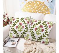Alysheer Floral Embroidered Summer Decorative Throw Pillow Covers 18"x 18" Set of 2, Farmhouse Cottage Pink Flowers Green Leaves Knit Pattern Cotton Canvas Cushion Case for Sofa Couch Bed Living Room