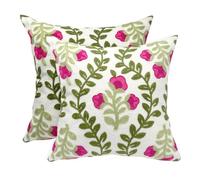 Alysheer Floral Embroidered Summer Decorative Throw Pillow Covers 18"x 18" Set of 2, Farmhouse Cottage Hot Pink Flowers Green Leaves Patterned Cotton Canvas Cushion Case for Sofa Couch Bed Living Room