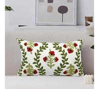 Alysheer Floral Embroidered Summer Lumbar Decorative Throw Pillow Cover 12"x 20", Farmhouse Cottage Red Flowers Green Leaves Patterned Cotton Canvas Cushion Case for Sofa Couch Bed Living Room Decor