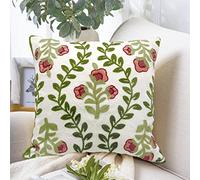 Alysheer Flower Embroidered Farmhouse Decorative Throw Pillow Cover 18"x 18", Cottage Floral Green Leaves Knit Pattern, 100% Cotton Canvas Cushion Case for Sofa Couch Bedroom Decor(Pink Flowers)