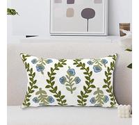 Alysheer Flower Embroidered Farmhouse Lumbar Decorative Throw Pillow Cover 12"x 20", Cottage Floral Green Leaves Knit Pattern, 100% Cotton Canvas Cushion Case for Sofa Couch Bedroom Decor(Blue Flower)