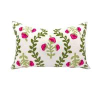 Alysheer Flower Embroidered Summer Decorative Lumbar Throw Pillow Cover 12"x 20", Farmhouse Cottage Hot Pink Floral Green Leaves Patterned Cotton Canvas Cushion Case for Sofa Couch Bed Living Room