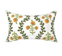 Alysheer Flower Embroidered Summer Decorative Lumbar Throw Pillow Cover 12"x 20", Farmhouse Cottage Orange Floral Green Leaves Patterned Cotton Canvas Cushion Case for Sofa Couch Bed Living Room