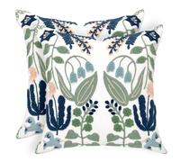 Alysheer Summer Floral Embroidered Decorative Throw Pillow Covers 18"x 18" Set of 2, Farmhouse Navy Blue Flowers Green Leaves Tufted Patterned Cotton Cushion Cases for Couch Bed Living Room Decor