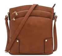 ALYSSA Triple Zip Pocket Large Crossbody Bag, Brown, One Size