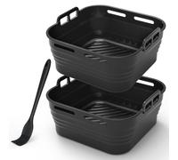 Alyvisun 2PCS Silicone Air Fryer Liner with Oil Brush, Airfryer Liners | Foldable Baking Trays Reusable Air Fryer Rack Versatile Accessories Baskets Square Inserts for Microwave, Oven (Black)