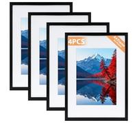 Alyvisun 4 Pack A4 Frame, A4 Picture Frames Display Pictures 14 x 20 cm with Mat or 19.7 x 29.3 cm Without Mat, Photo Frame for Horizontal and Vertical Display on Wall Hanging or Tabletop, Black