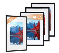 Alyvisun 4 Pack A4 Frame, A4 Picture Frames Display Pictures 14x20 cm with Mat or 19.7x22.6 cm Without Mat, Photo Frame Horizontal and Vertical Formats for Wall Hanging or Tabletop, Black