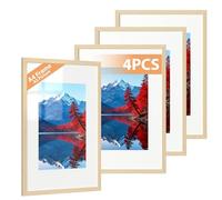 Alyvisun 4 Pack A4 Frame, A4 Picture Frames Display Pictures 14x20 cm with Mat or 19.7x22.6 cm Without Mat, Photo Frame Horizontal and Vertical Formats for Wall Hanging or Tabletop, Wood Tone