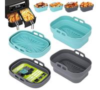 Alyvisun Air Fryer Silicone Liners, 4PCS Reusable Dual Airfryer Accessories Liner Foldable Baking Rack Moulds Rectangular Basket Versatile Non Stick Tray (Blue+Grey)