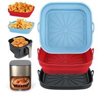 Alyvisun Air Fryer Liners 3PCS Reusable Silicone Tray Foldable Kitchen Basket Versatile Square Baking Pot Accessories for Airfryer, Microwave, Oven, Red+Black+Sky Blue