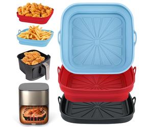Alyvisun Air Fryer Liners, 3PCS Reusable Silicone Tray Foldable Kitchen Basket Versatile Square Baking Pot Accessories for Airfryer, Microwave, Oven (Red+Black+Sky Blue)