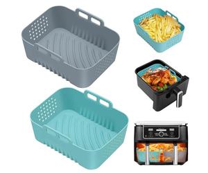 Alyvisun Air Fryer Liners Silicone, 2 Pack Reusable Airfryer Liner Trays Instant for 7.5L 9L 9.5L Baskets, Non-Stick Cooking Accessories Ideal for Crispy Fries, Chicken Wings(Gray + Blue)
