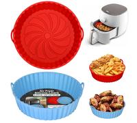Alyvisun Air Fryer Silicone Liners, 2PCS Reusable Airfryer Basket Baking Tray Inserts Versatile Round Rack Pot for Microwave, Oven (Red+Sky Blue)