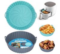 Alyvisun Air Fryer Silicone Liners, 2PCS Reusable Airfryer Basket Baking Tray Inserts Versatile Round Rack Pot for Microwave, Oven (Grey+Blue)
