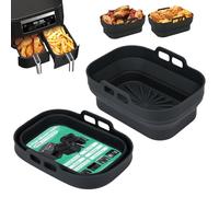 Alyvisun Air Fryer Silicone, 2PCS Reusable Dual Airfryer Accessories Liner Foldable Baking Rack Moulds Rectangular Basket Versatile Non Stick Tray (Black)