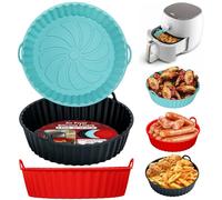 Alyvisun Air Fryer Silicone Liners, 3PCS Reusable Airfryer Basket Baking Tray Inserts Versatile Round Rack Pot for Microwave, Oven (Red+Black+Blue)