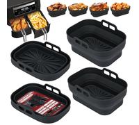 Alyvisun Air Fryer Silicone, 4PCS Reusable Dual Airfryer Accessories Liner Foldable Baking Rack Moulds Rectangular Basket Versatile Non Stick Tray (Black)
