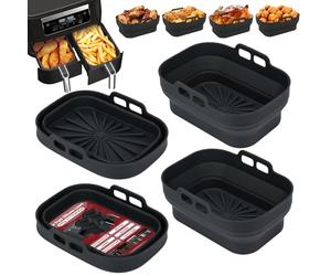 Alyvisun Air Fryer Silicone Liners, 4PCS Reusable Dual Airfryer Accessories Liner Foldable Baking Rack Moulds Rectangular Basket Versatile Non Stick Tray (Black)