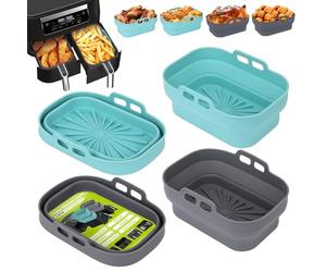 Alyvisun Air Fryer Silicone Liners, 4PCS Reusable Dual Airfryer Accessories Liner Foldable Baking Rack Moulds Rectangular Basket Versatile Non Stick Tray (Blue+Grey)