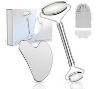 Alyvisun Gua Sha Set, Gua Sha Board & Face Roller Stainless Steel, Gua Sha Tool Skin Depuffing, Cold Uplift Facial Massage Beauty Device with Carrying Bag & Cleaning Cloth Gifts for Women