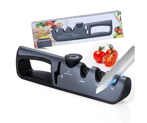 Alyvisun Kitchen Knife Sharpener, Manual 4 in 1, Ergonomic Handle, Non-Slip Base (Black)