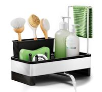 Alyvisun Large Capacity Tidy Sink Caddy with Drip Tray Stainless Steel Kitchen Sponge Removable Brush Holder and Rag Rack, Black