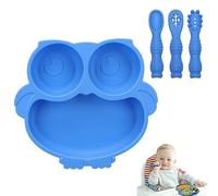Alyvisun Owl Silicone Suction Plate for Baby, Toddler Cutlery with 3 Spoon Fork Non-Slip Weaning Bowls Feeding Divided Plates Set for High Chairs Tray (Blue)
