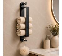Alyvisun Self Adhesive Towel Rail 45CM / 17.72 inches, 304 Stainless Steel Towel Holder with Double Hooks, Multi-Function for Bathroom and Kitchen, Matte Black