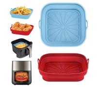 Alyvisun Silicone Air Fryer Liners 2PCS Reusable Airfryer Tray Foldable Kitchen Accessories Basket Versatile Square Baking Rack Pot for Microwave, Oven, Red+Sky Blue