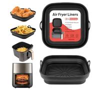 Alyvisun Silicone Air Fryer Liners 2PCS Reusable Airfryer Tray Foldable Kitchen Accessories Basket Versatile Square Baking Rack Pot for Microwave, Oven, Black+Black