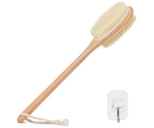 Alyvisun Wooden Back Scrubber for Shower with Long Handle, Dual-Sided Bath Brush Body Scrubber with Stiff and Soft Bristles, Exfoliating Body Brush [Dry and Wet Brushing]