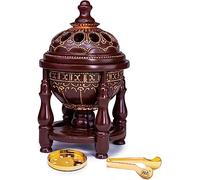 AM 4P Premium Resin Incense Burner - Brown Wood Effect Charcoal Oud Burner - Thoughtful Wellness Gift & Self-Care Accessory - Decorative with Metal Cup