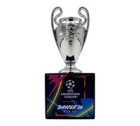 Am Ball Com UEFA Champions League Trophy Replica, Budapest 26 Final, 45 mm, on Wooden Base, Miniature Trophy with Engraving and Color Design, Collectible Item, Fan Merchandise, Gift for Men