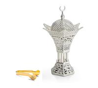 AM Crescent Frankincense Burner Silver - Metal Charcoal Resin & Bakhoor Holder with Tongs | Filigree Mabkhara | Luxury Hilal Craft Design