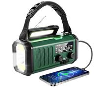 AM/FM portable emergency radio, three charging methods (solar, hand crank, USB), 10,000mAh USB power bank, SOS alarm function,14W reading light and flashlight, for outdoor camping emergency.