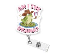 Am I The Drama Badge Reel 2 Inches Funny Mental Health Frog Lover Humor Cowboy Self-Aware Meme Retractable with Alligator Clip Badge Holder Acrylic for Nurse Teacher Office Student Christmas Gifts
