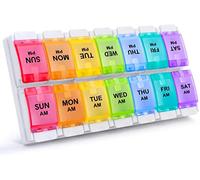AM PM Weekly 7 Day Pill Organizer, HUAXIYAN Large Daily Pill Cases Pill Box with Easy Push Button Design for Pills/Vitamin/Fish Oil/Supplements (Rainbow) (Rainbow)