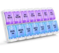 AM PM Weekly 7 Day Pill Organizer, HUAXIYAN Large Daily Pill Cases Pill Box with Easy Push Button Design for Pills/Vitamin/Fish Oil/Supplements (Rainbow) (Purple & Blue)