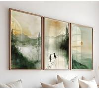 Amaani Watercolor Landscape Art Print Set of 3 - Misty Mountains, Forest, and Bird Wall Decor - Unframed Nature Art for Living Room, Bedroom, Office (A3)