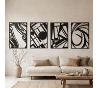 AMAATE 4Pcs Black Abstract Geometric Curve Hollow Metal Wall Sculpture Set | Matte black hollow abstract metal wall art, geometric curved shapes, easy install, modern decor for living room & bedroom