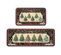 Amabery Personalized Christmas Tree Kitchen Rugs Set of 2, Red Buffalo Plaid Custom Family Name Non-Slip Washable Crystal Velvet Floor Mats, Winter Holiday Home Decor 47x17 & 30x17 Inch