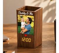 Amabery Personalized Daddy & Me Pen Holder with LED Clock,Custom Photo PVC Desk Organizer with Text,Multifunctional Pencil Cup with Silent Digital Clock,Gift for Daddy Dad Husband from Kids Birthday