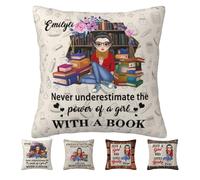 Amabery Personalized Just A Girl Who Loves Books Pillow Covers Custom Name & Portrait Pillowcase Home Decor Gifts for Book Lover Women Librarians Teacher Readers Birthday Christmas