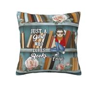 Amabery Personalized Just A Girl Who Loves Books Pillow Covers Custom Name & Portrait Pillowcase Home Decor Gifts for Book Lover Women Librarians Teacher Readers Birthday Christmas