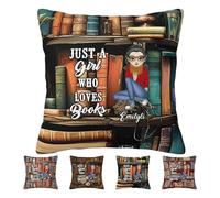Amabery Personalized Just A Girl Who Loves Books Pillow Covers Custom Name & Portrait Pillowcase Home Decor Gifts for Book Lover Women Librarians Teacher Readers Birthday Christmas