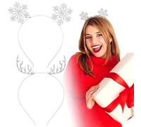 Amabro 2PCS Christmas Headbands, Rhinestone Snowflake Xmas Hairbands Crystal Reindeer Antlers Hair Hoop Christmas Tiara Headpiece Hair Accessories for Women Girls Holiday Party Decoration