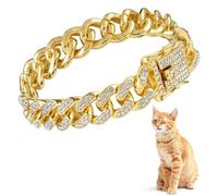 Amabro Diamond Cat Chain Collar, Metal Cuban Link Dog Collar with Secure Buckle 12mm Wide Cat Pet Necklace Chain Pet Collar Jewelry Accessories for Small Medium Dogs Cats Puppy Kittens 8inch(Gold)