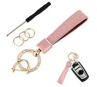 Amabro Leather Car Keychain, Universal Car Keyring Holder with Diamond Anti-lost D-Ring 360 Degree Rotatable Car Key Fob with Screwdriver for Men Women Keyrings Car Accessories Family Present(Pink)